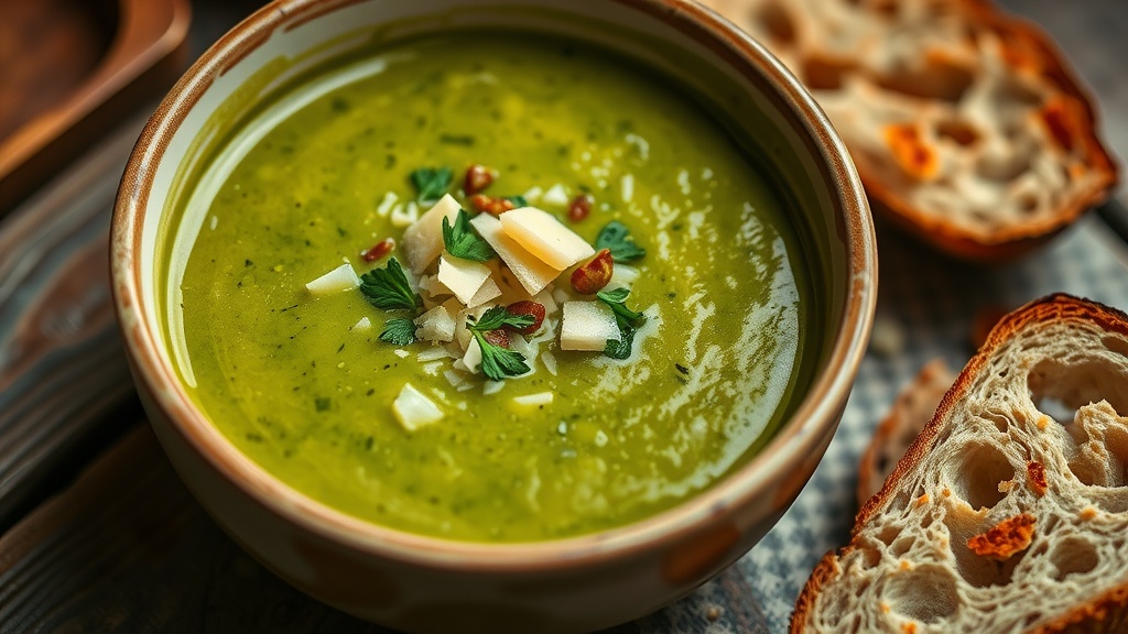 Creamy Broccoli Delight: Cream of Broccoli Soup Recipe A creamy green broccoli soup garnished with cheese and herbs, served with bread on a wooden table.